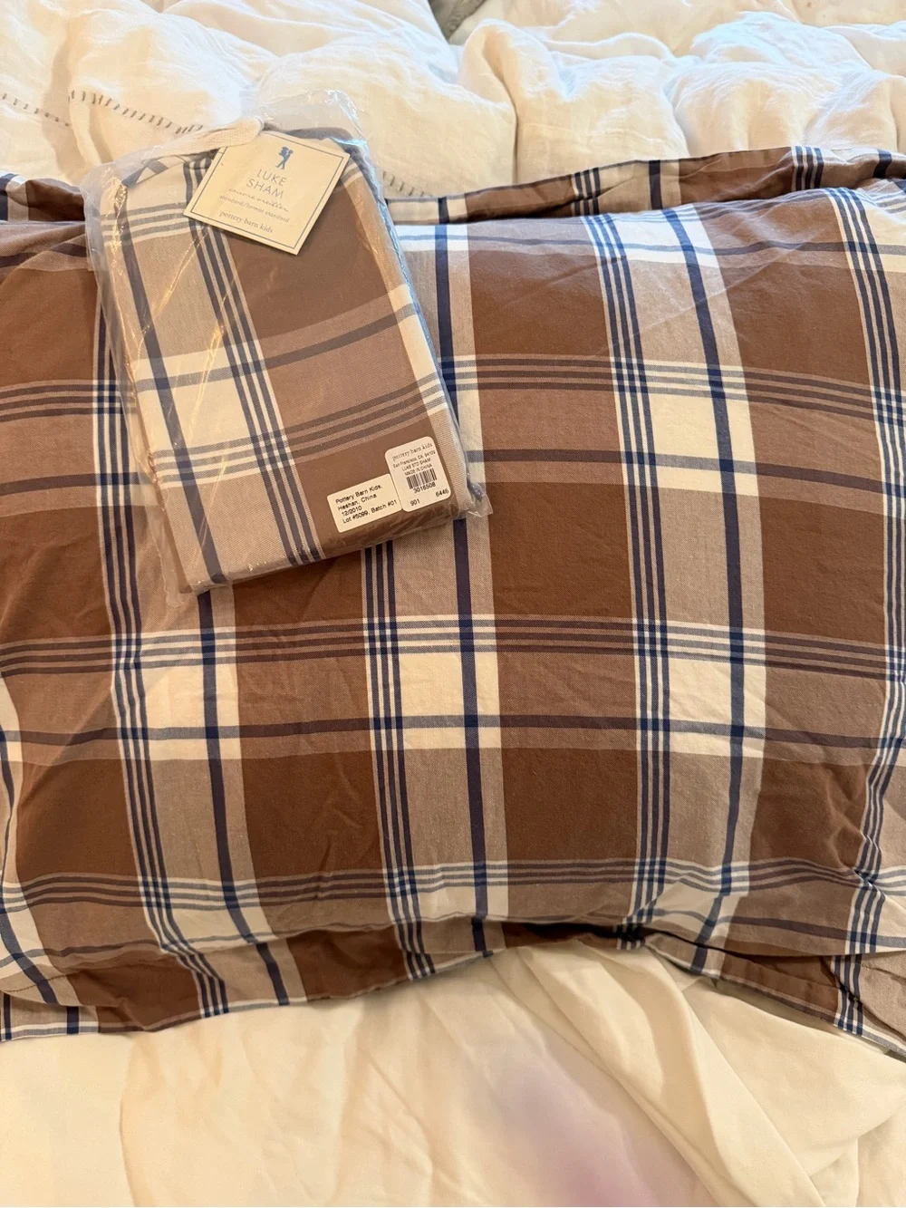 Pottery Barn Kids Brown, White and Blue Plaid Pillow Sham
